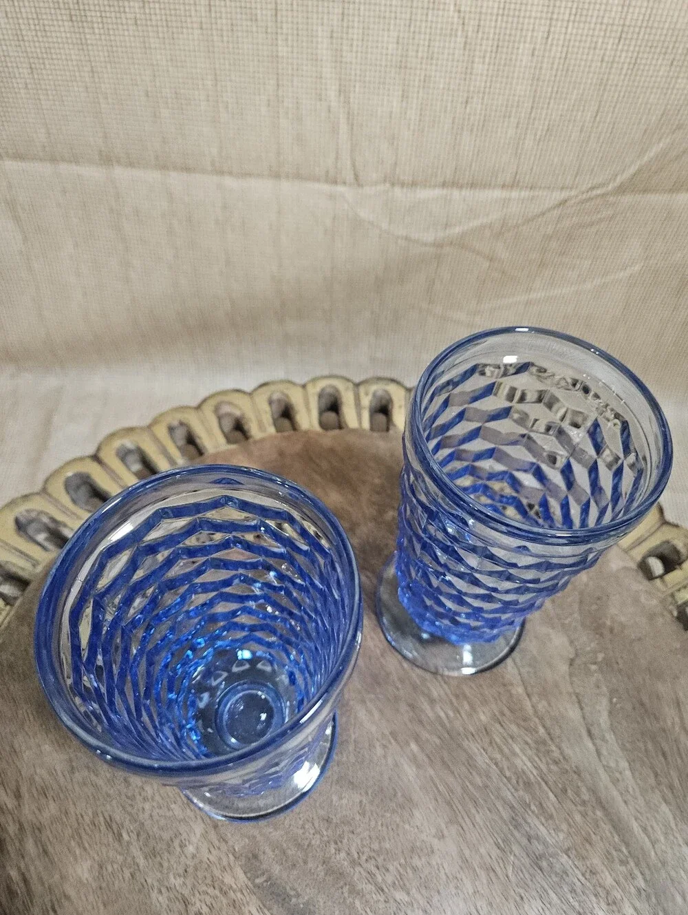 Vintage Indiana Colony Whitehall Light Blue Cubist Footed Ice Tea Glasses Set 2